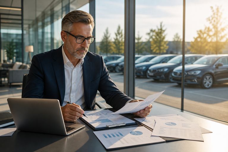 Finance leader reviewing fleet lease costs and tax documentation at a corporate desk
